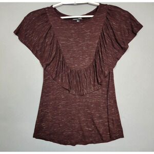 Boho Earthy Tones Top Womens XS Burgundy Ruffle Heathered Stretches Flutter RBX